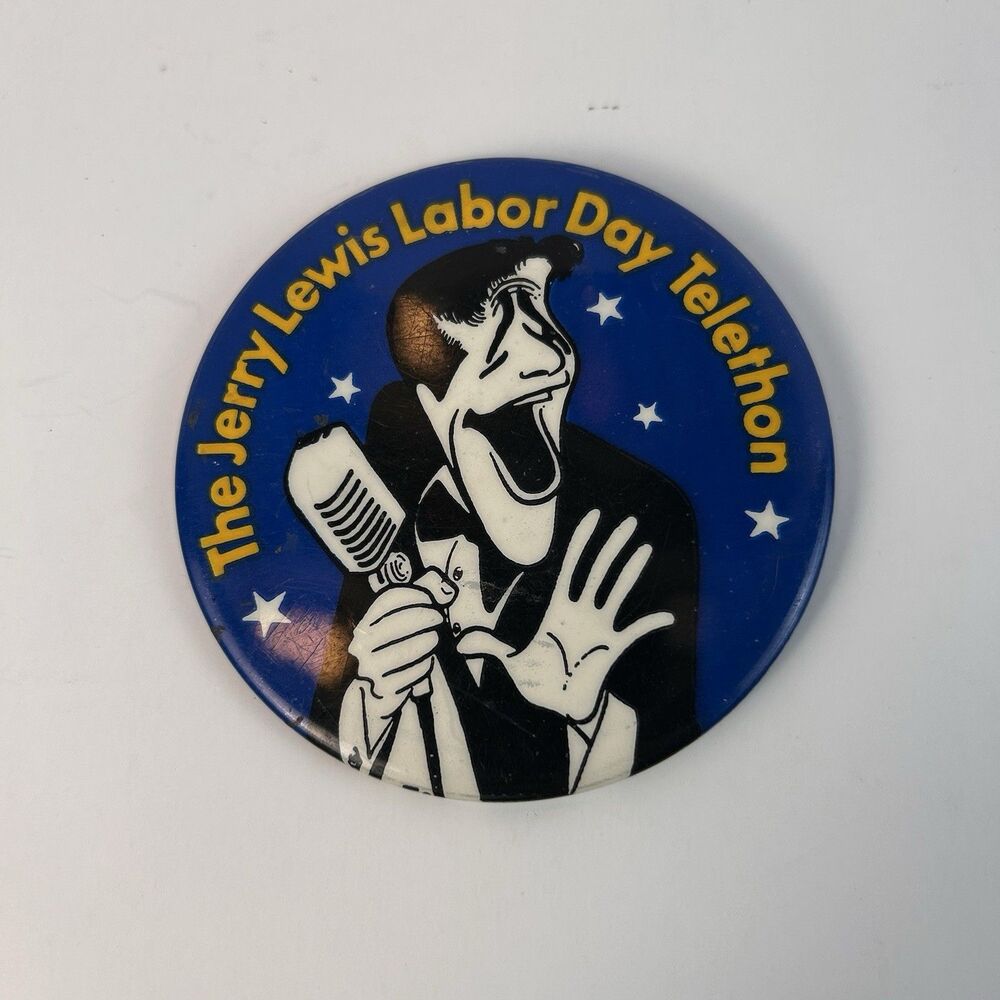 VINTAGE Jerry Lewis Labor Day Telethon 3" PINBACK BUTTON Vtg 80s Pin Blue